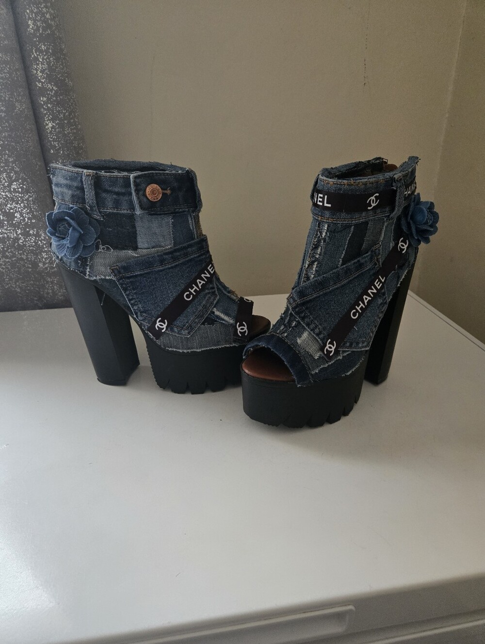 Upcycled Denim Camellia Platform Ankle Boots - Blue - Picture 6 of 6
